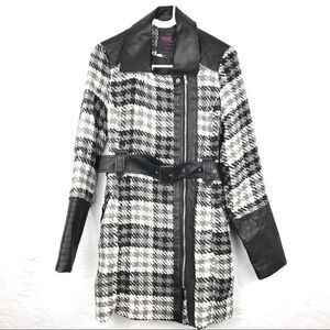 Yoki black grey plaid faux leather long belted statement coat